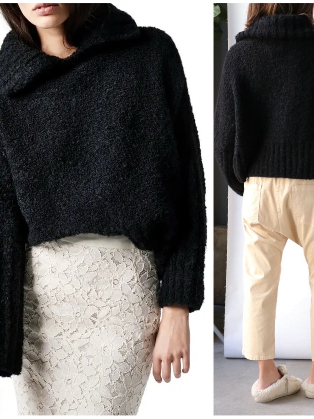 SMYTHE Augen Hand Knit Split Collar Crop Sweater Black Small